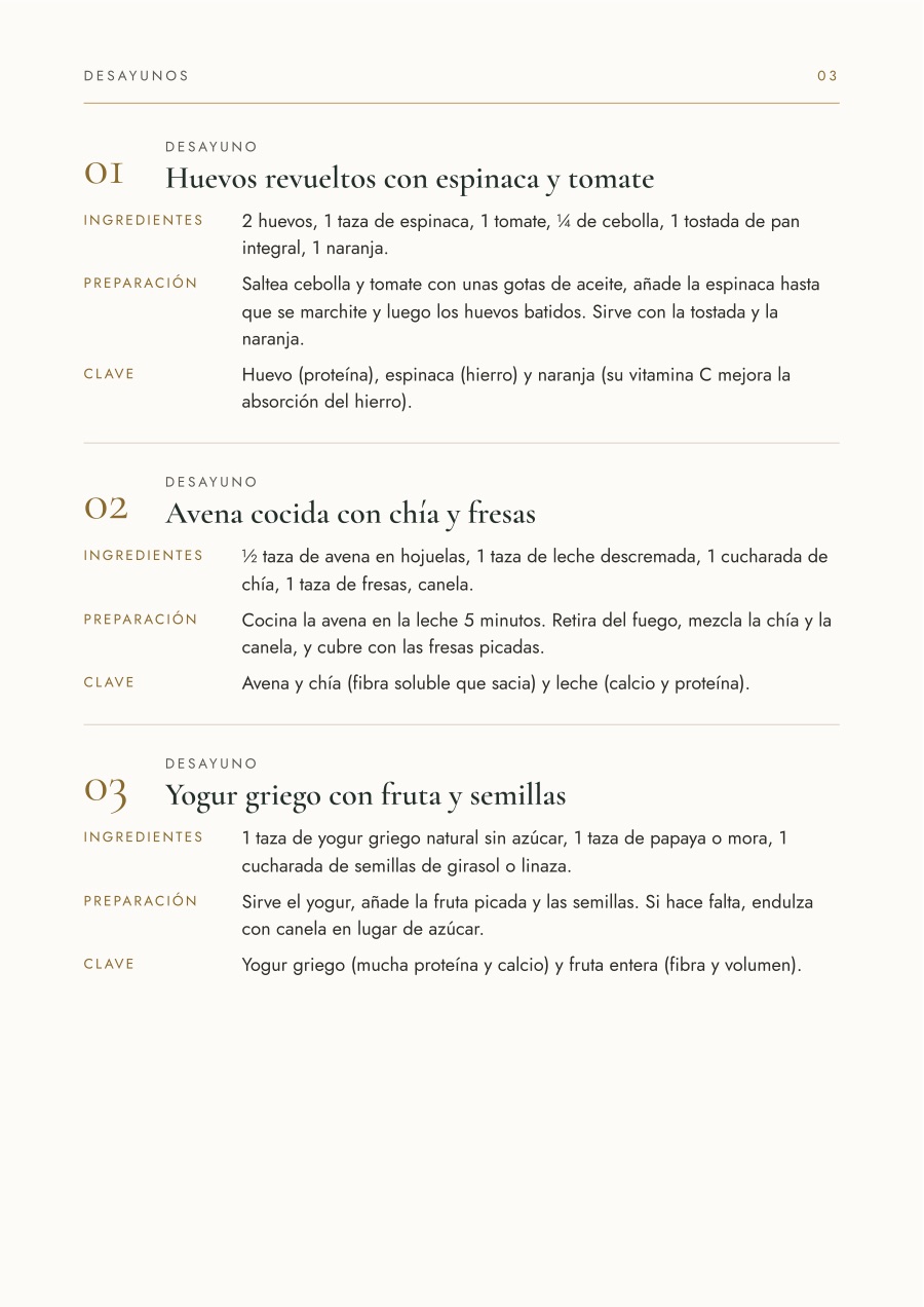 Página de desayunos con ingredientes, preparación y la línea Clave de cada receta.