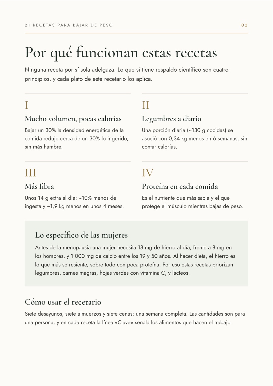 Página «Por qué funcionan estas recetas», con los cuatro principios y lo específico de las mujeres.